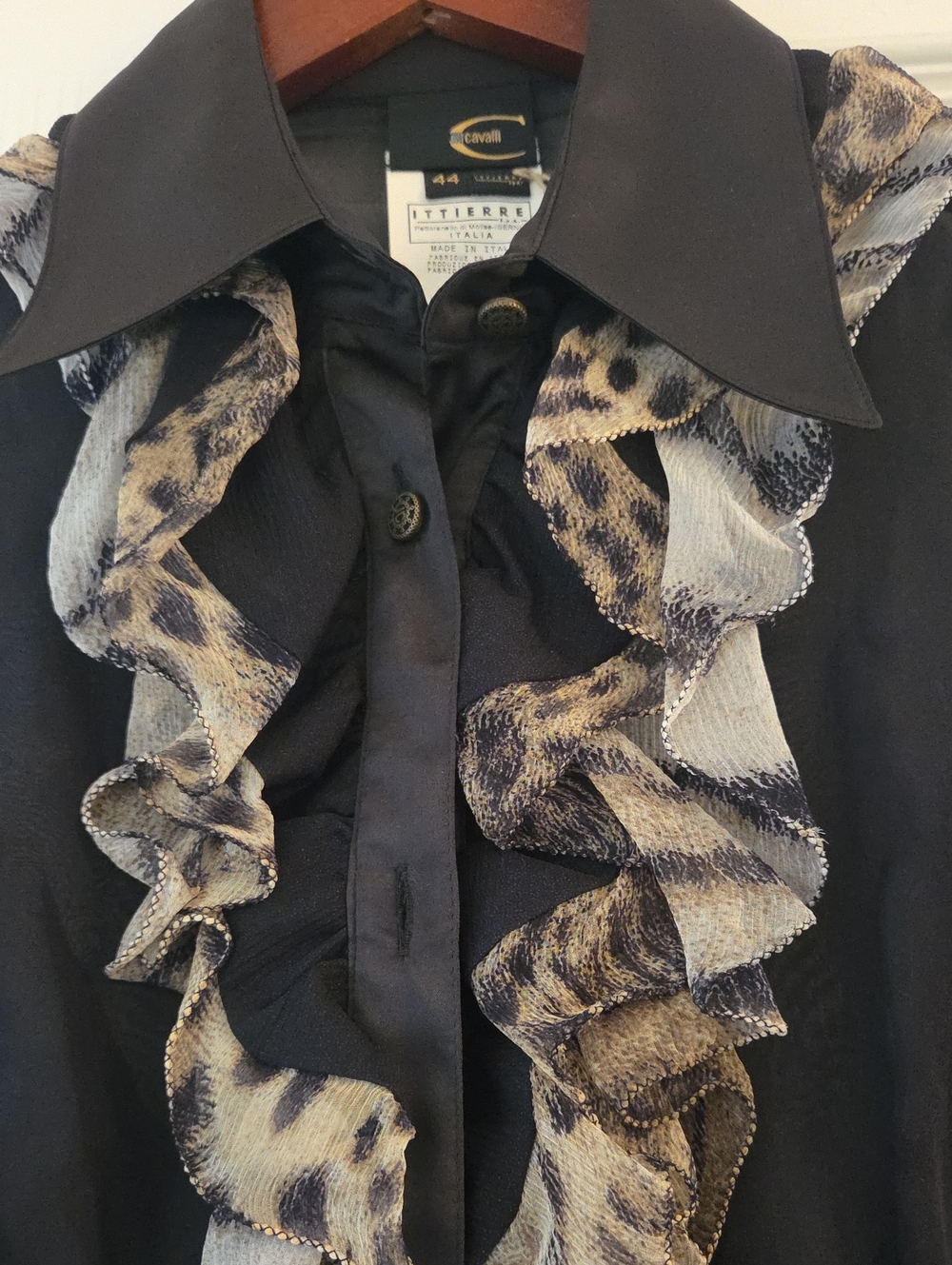 Just Cavalli Sheer Black Silk Blouse with Leopard Ruffle & Satin Trim - 44 / S - Picture 3 of 4